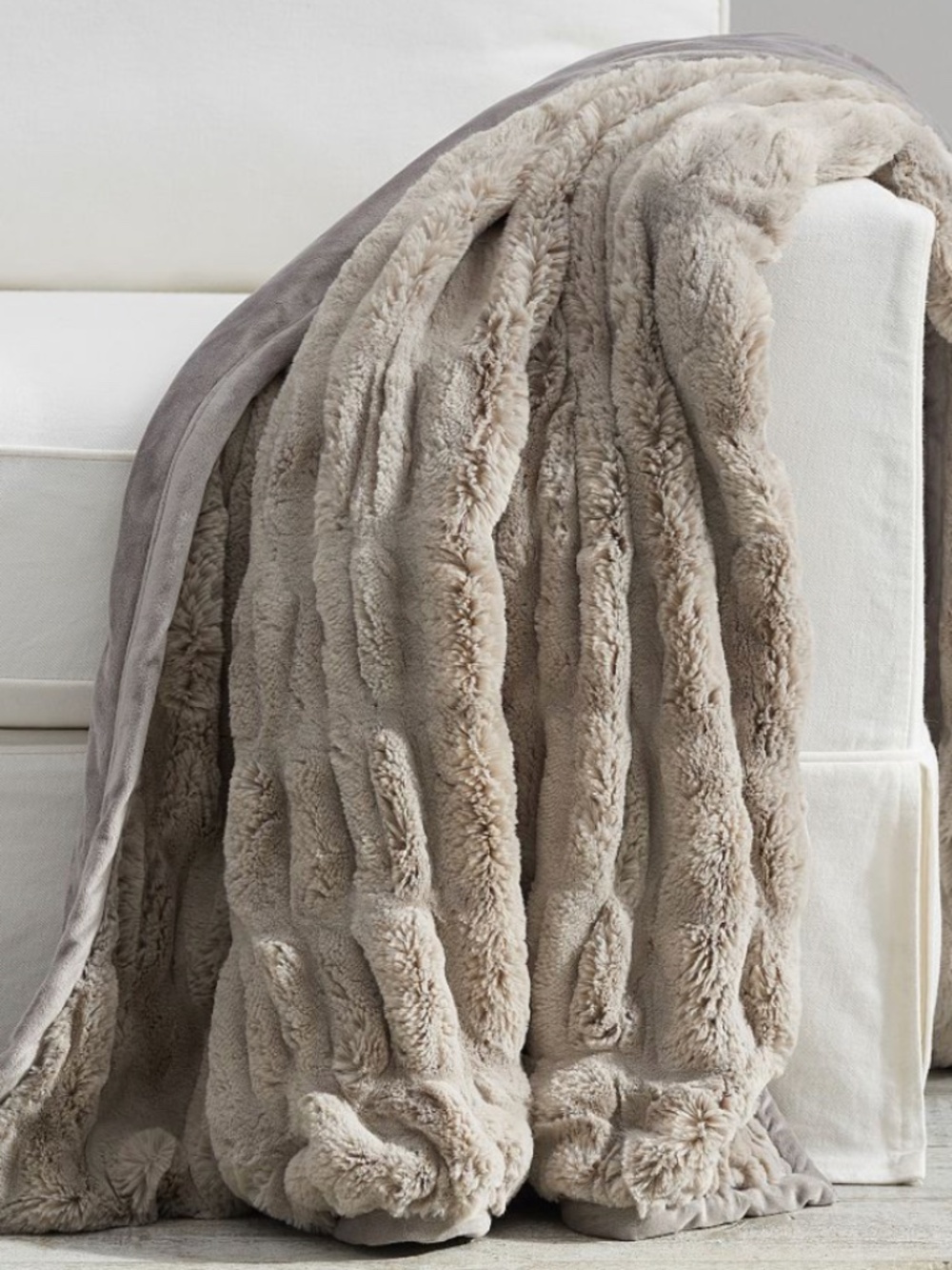 Pottery Barn Faux Fur Ruched Throw in Gray 50 x 60